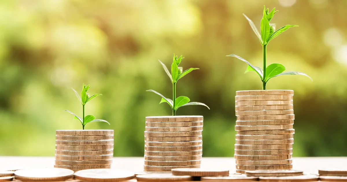 Groeiende muntstapels met plantjes als symbool voor beginnen met beleggen